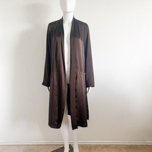 DR2 Small Chocolate Brown Long Line Satin Open Front Cardigan Whimsygoth - Picture 1 of 8